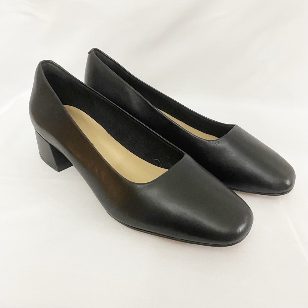 Clarks Cushion Sheer35 Court Black Leather Pump block heel square toe womens 8.5
